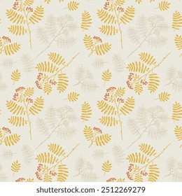 Fall seamless pattern with rowan and leaves. Graphic background with autumn branch. Hand drawn repetitive illustration and wallpaper art.