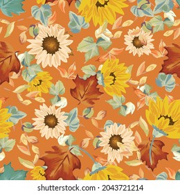 Fall seamless pattern with sunflowers on orange background, Autumn pattern with daisy, maple leaves, foliage, wrapping paper, pattern fills, Thanksgiving, web page background.