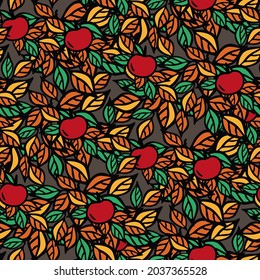 Fall seamless pattern for textile or wrapping paper, hand drawn colorful leaves and red apple vector background 