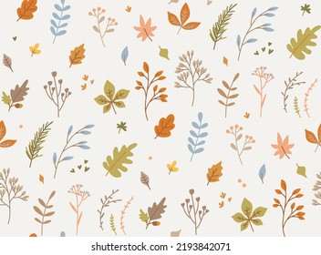 Fall seamless pattern of twigs with leaves, foliage, berries. Cute and cozy design elements of autumn plants. Vector illustration 