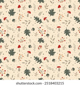 Fall seamless pattern with various leaves, acorn, mushrooms and plants. Vector Illustration.