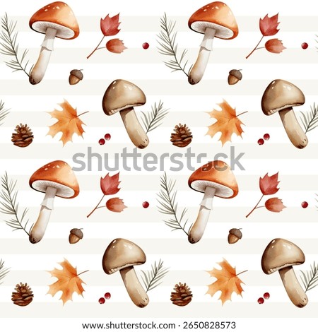 Fall seamless pattern. Watercolor autumn background with mushrooms, leaves, berries and branches. 
