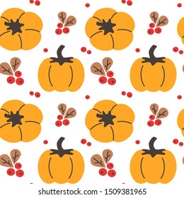 fall seamless vector pattern background illustration with hand drawn flat pumpkin and berries autumn texture for thanksgiving, harvest and halloween