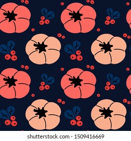fall seamless vector pattern illustration with hand drawn flat pumpkin and berries autumn texture on dark blue background for thanksgiving, harvest and halloween