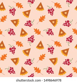 Fall seamless vector pattern - thanksgiving pie, oak leaves, grape