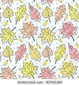 Fall seamless vector pattern. Various autumn leaves, maple seeds and raindrops. Hand drawn ink outline with artistic colorful hatching. Leaf-fall with rain background.