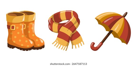 Fall season accessory set with polka dot rubber boots, striped scarf and umbrella. Autumn time. Cartoon vector illustration 