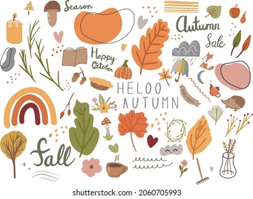 Fall season autumn doodle elements illustration icon set isolated on white background. Hand drawn for posters, sticker kit. Pumpkin, falling leaves, candle, fox, pie, abstract shapes flowers vector. 