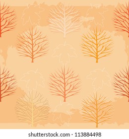 Fall season background. Autumn tree and leaves seamless pattern vector