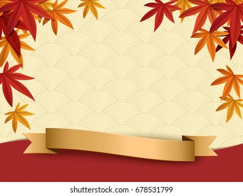 Fall season background design, maples frame isolated on japanese wave pattern background with golden labels in 3d illustration