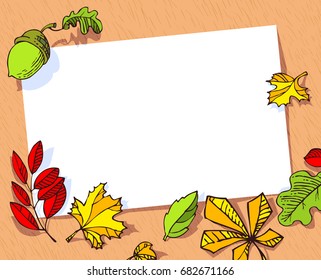 Fall season banner. Autumn frame with bright leaves and acorn. Template for your text with autumn plants and white paper. Vector illustration