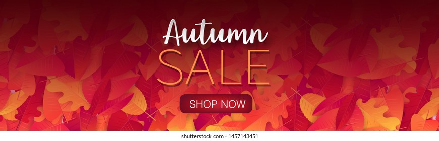 Fall season banner or header background with red and orange leaves.  Autumn sale typography text for advetising, shopping promotion. Vector illustration.