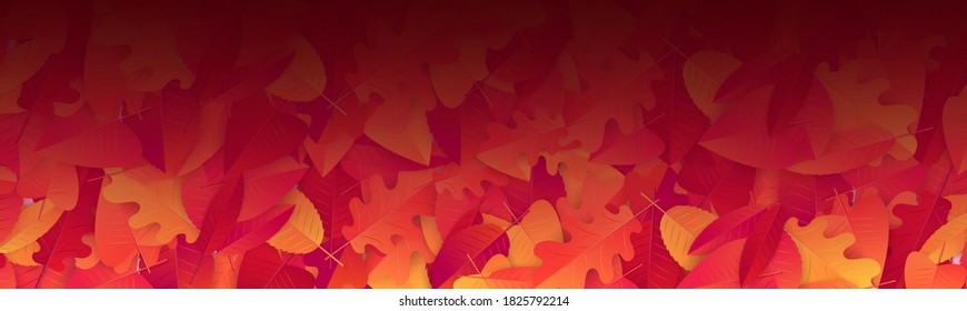 Fall season banner or header background with red and orange leaves.  Autumn sale typography text for advetising, shopping promotion. Vector illustration.