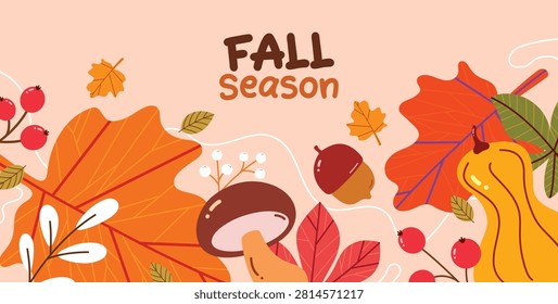 Fall season banner template design. Fall season typography with maple leaves, mushroom, acorn, squash, and red berries for advertising, banner, promotion, flyers, cards, social media. Vector illustration. 
