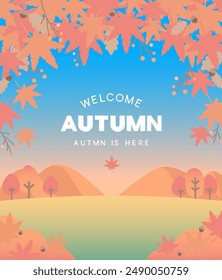 Fall season. Beautiful autumn landscape leaves falling from trees. Mountains and Autumn Trees Vector illustration.