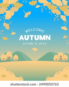 Fall season. Beautiful autumn landscape leaves falling from trees. Mountains and Autumn Trees Vector illustration.