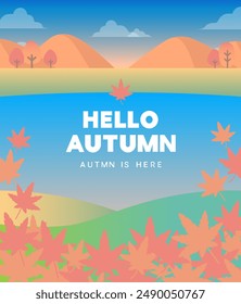 Fall season. Beautiful autumn landscape leaves falling from trees.  Lake surrounded by Mountains and Autumn Trees Vector illustration.