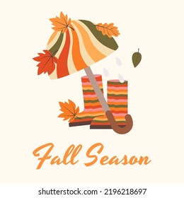 Fall season card poster design in 70s-80s style. Composition of umbrella and rubber boots. Abstract colorful rainbow rays vintage pattern. Seasonal mood design vintage groovy vector illustration
