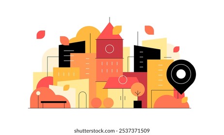 Fall season in the city. Abstract urban landscape. Flat illustration. Vector file.