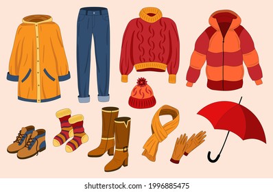 Fall season clothing and accessories. Hand drawn colorful set with socks, raincoat, boots, hat, umbrella, scarf, jacket, gloves, jeans, sweater, high boots. Vector.