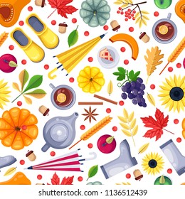 Fall season colorful white seamless pattern. Vector flat illustration. Autumn harvest, leaves, food and accessories. Background or textile print design.