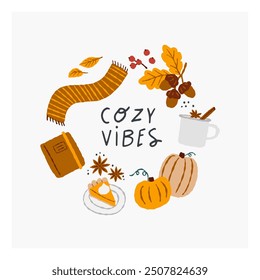 Fall season cozy composition with lettering. Various autumn elements. Hand drawn vector illustration.