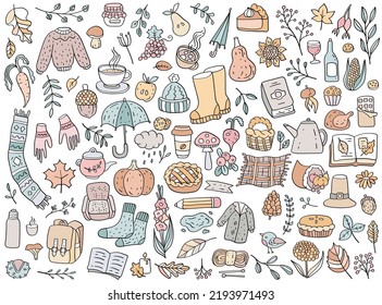 Fall season cozy items including food, clothes, accessories, nature, harvest, books. Doodles hand drawn illustration.