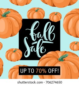 Fall season discount layout with pumpkin. Autumn sale template with lettering.