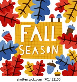 Fall season: doodle vector illustration with leaves for kids. For autumn greeting cards, t-shirt prints, scrapbook. Fashion baby print in red, yellow and blue colors.