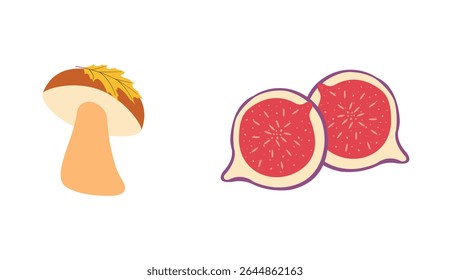 Fall season flat Icons: mushroom with yellow leaf, sliced fig in modern vector style. Hand drawn set for banners, cards, social media