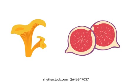 Fall season flat Icons: mushrooms, fig in modern vector style. Hand drawn set for banners, cards, social media