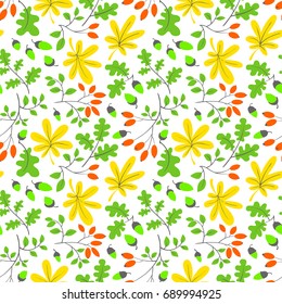 Fall season floral seamless pattern. Autumn background with bright leaves, acorns and dogrose. Vector seasonal illustration