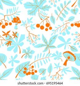 Fall season floral seamless pattern. Autumn background with bright leaves, rowan and grape berries, amanita mushrooms. Vector illustration for textile, seasonal posters and cards