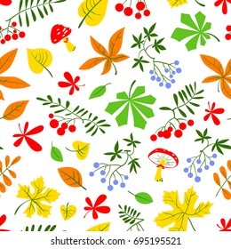 Fall season floral seamless pattern. Autumn background with bright leaves, rowan and grape berries, amanita mushrooms. Vector illustration for textile, seasonal posters and cards