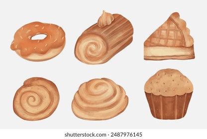 Fall season food. Pie, bread, sweets, cup cake, roll cake, doughnuts illustration