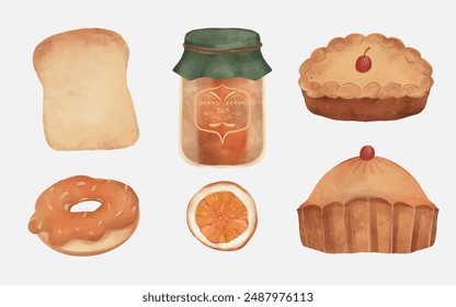 Fall season food. Pie, slice bread, sweets, doughnut, orange slice, and jam illustration