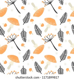 Fall season at forest in the form of vector repeatable decoration on white background. Autumn seamless pattern with orange poisonous mushrooms, brown fern leaves and berry branches.