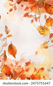 Fall season frame. Autumnal background with watercolor leaves and branches. Greeting card or invitation