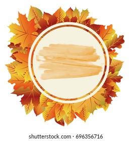 Fall season frame. Decorative vector border with bright autumn leaves and paint strokes.