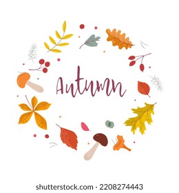 Fall season. A frame of hand-draw colorful leaves, mushrooms, berries with the inscription Autumn. Cute vector illustration in a flat cartoon style, banner, greeting card.
