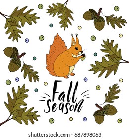 Fall season. Handdrawn unique autumn card with brush lettering quote. Vector doodle illustration.