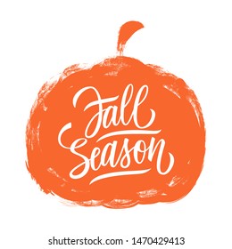 Fall Season handwritten lettering text design on brush stroke pumpkin. Autumn season vector illustration.