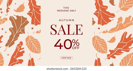 Fall season horizontal background with abstract autumn leaves. Modern Autumn minimalist design template for web, sale, poster, banner, flyer, header, cover, social media, fashion ads