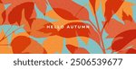 Fall season horizontal background with bright abstract autumn leaves. Autumn modern art minimalist style design template for sales, horizontal poster, header, cover, social media, fashion ads, decor.