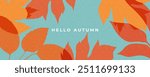 Fall season horizontal background with bright abstract autumn leaves. Autumn modern art minimalist style design template for sales, horizontal poster, header, cover, social media, fashion ads, decor.