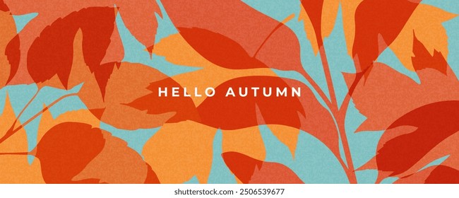 Fall season horizontal background with bright abstract autumn leaves. Autumn modern art minimalist style design template for sales, horizontal poster, header, cover, social media, fashion ads, decor.