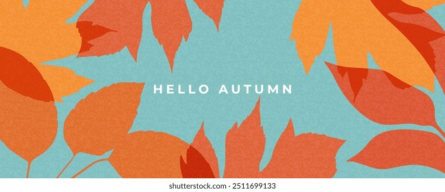 Fall season horizontal background with bright abstract autumn leaves. Autumn modern art minimalist style design template for sales, horizontal poster, header, cover, social media, fashion ads, decor.