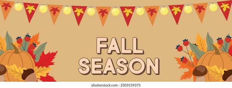 Fall season horizontal banner with fall season lettering, garland of lanterns, and decorations of pumpkins, leaves, acorns, and berries. Autumn season