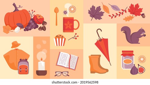 Fall season icons set: food, back to school, nature and objects