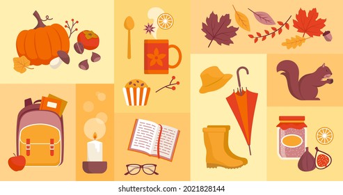 Fall season icons set: food, back to school, nature and objects